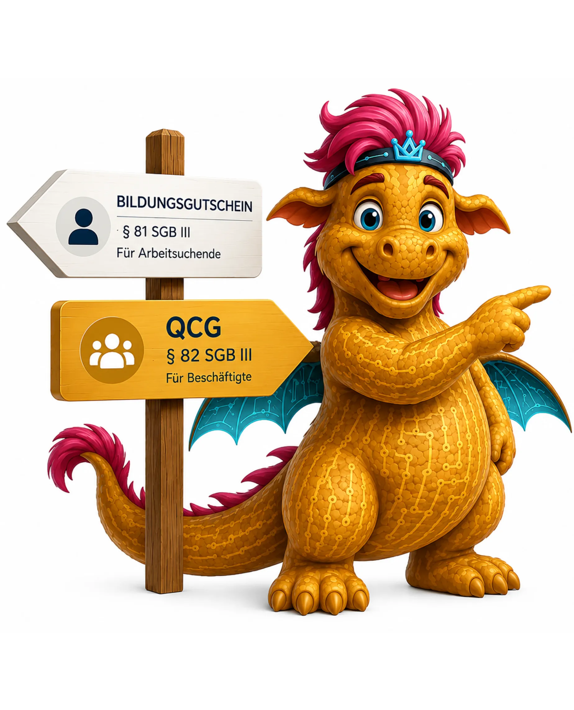 Ein freundliches, orangefarbenes Fantasy-Wesen mit pinker Mähne zeigt auf zwei Wegweiser zu Bildungsgutschein und QCG.