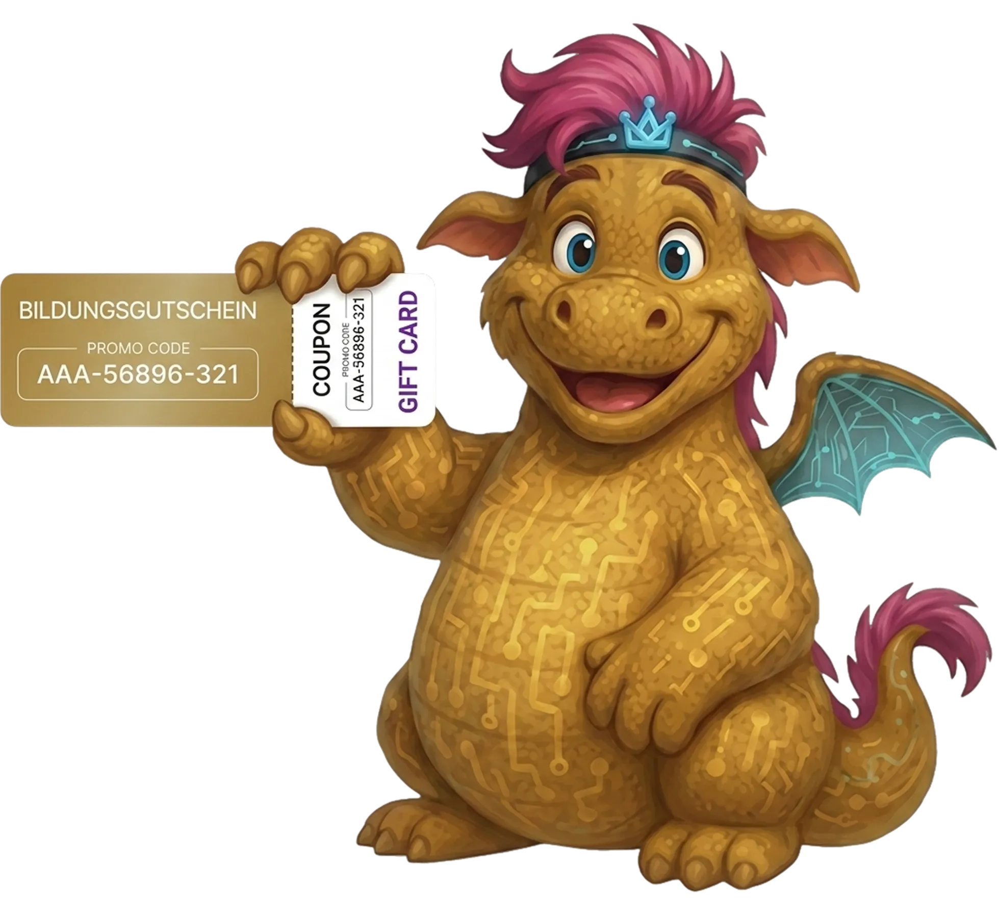 Lächendes digitales Drachenmaskottchen hält Bildungsgutschein mit Promo-Code AAA-56896-321.
