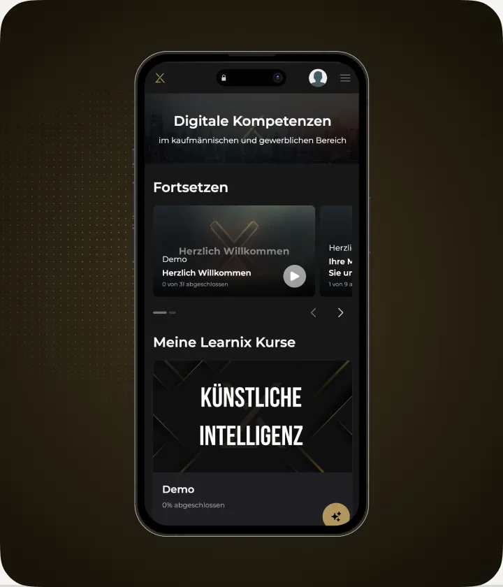 Smartphone zeigt Lernplattform mit Kursen zu digitalen Kompetenzen und künstlicher Intelligenz.