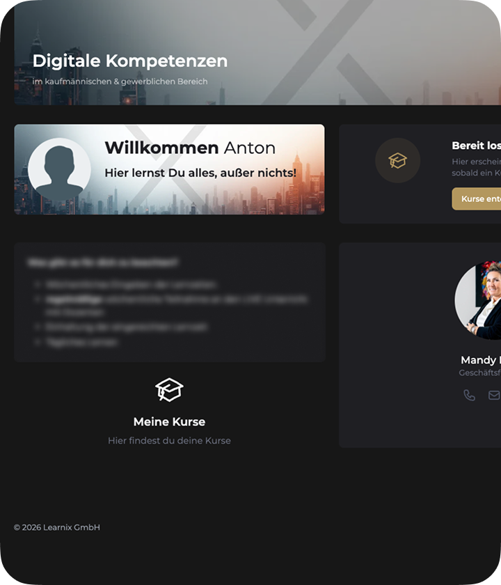 Dashboard mit Begrüßung Anton, Kursübersicht und Kontaktinformation einer Geschäftsfrau.