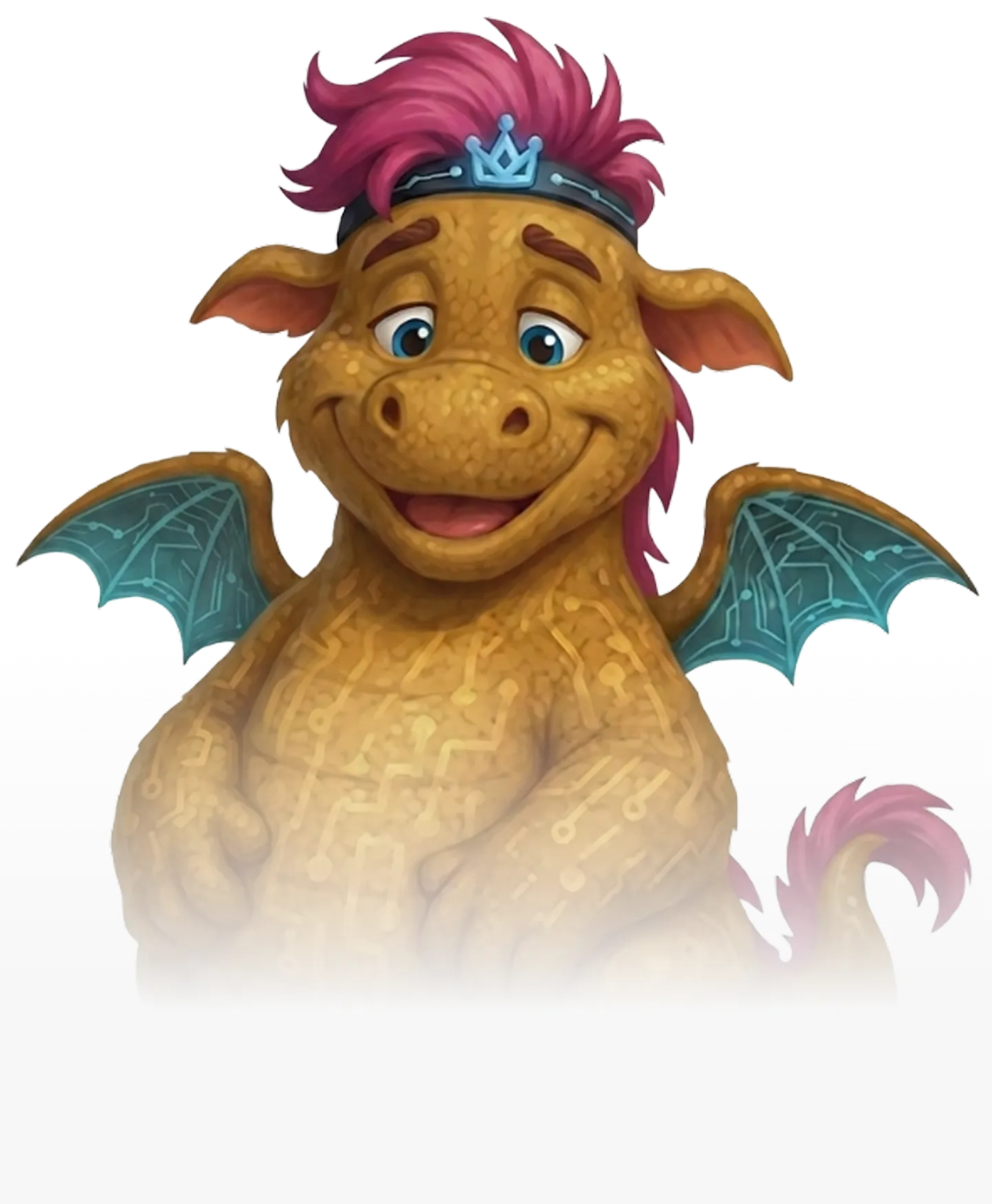 Fröhlicher gelber Drache mit rosa Haar, technikartigen blauen Flügeln und blauem Stirnband mit Krone.