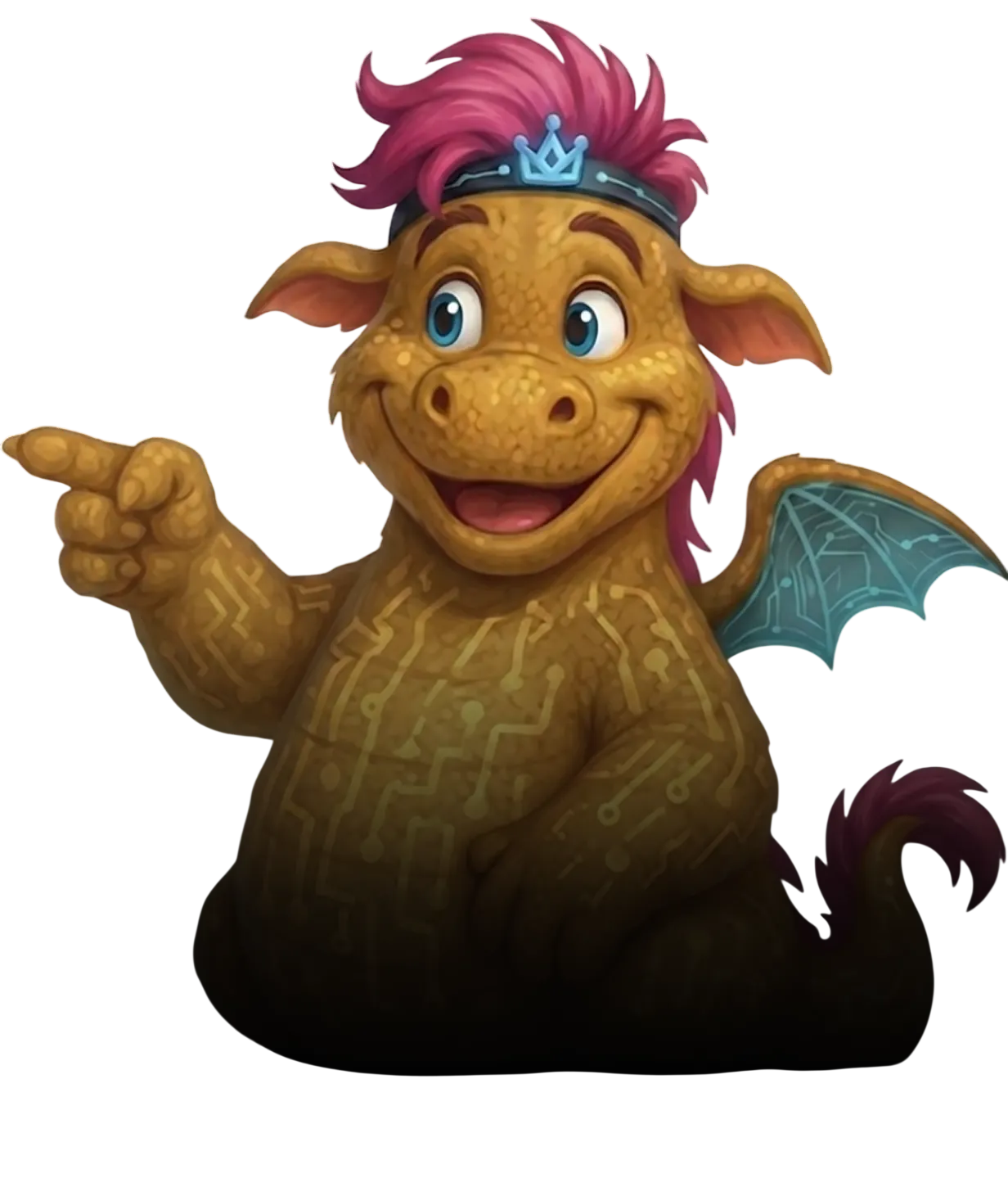 Freundlicher, gelber Drache mit pinker Mähne und blauen Flügeln zeigt nach links.