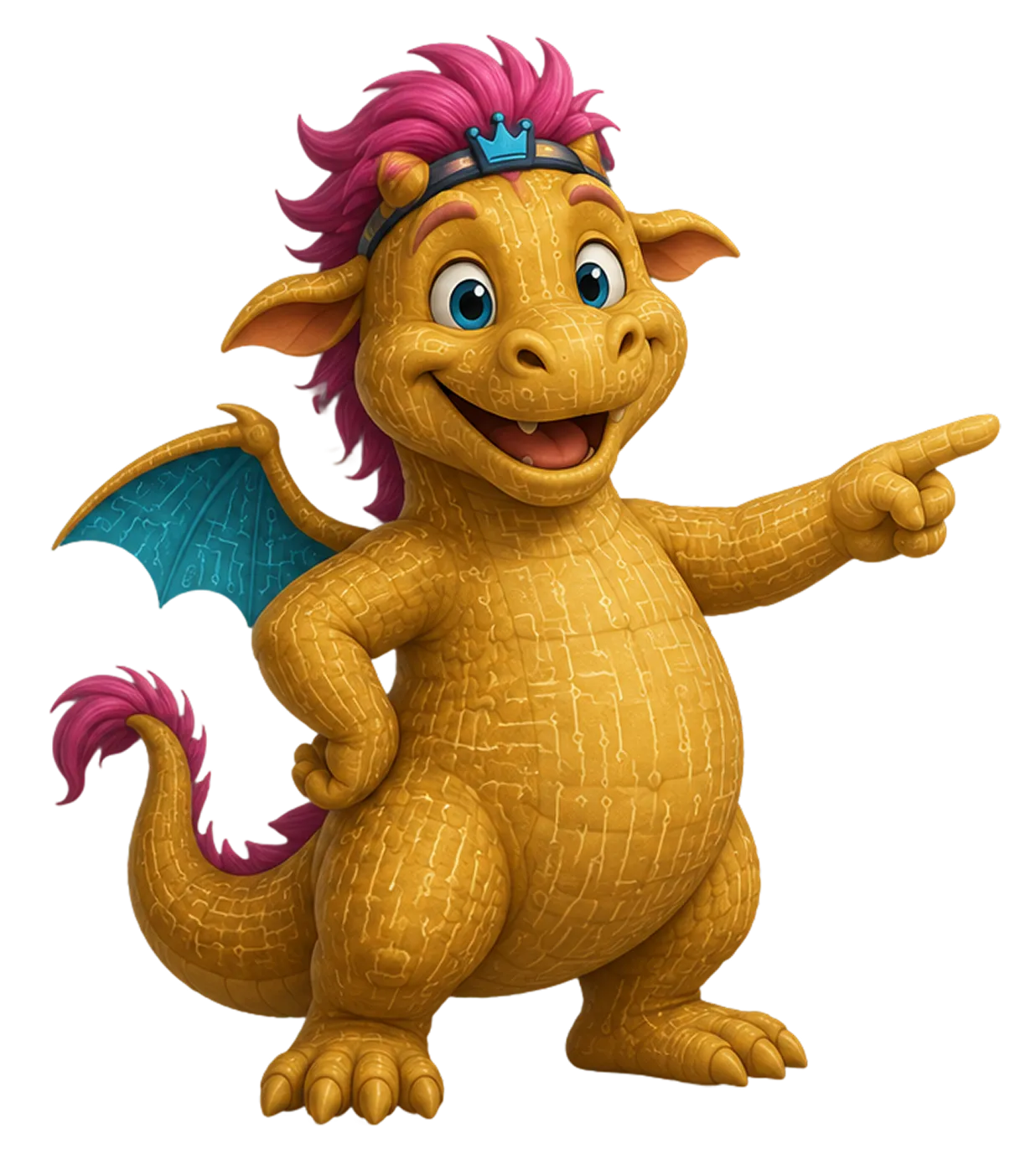 Fröhlicher, gelber Drache mit pinker Mähne, blauen Flügeln und Krone zeigt nach rechts.